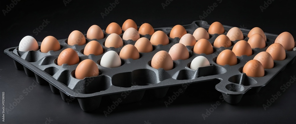 A sleek black background highlighting a smart egg tray for modern kitchens A sleek black background highlighting a smart egg tray for modern kitchens