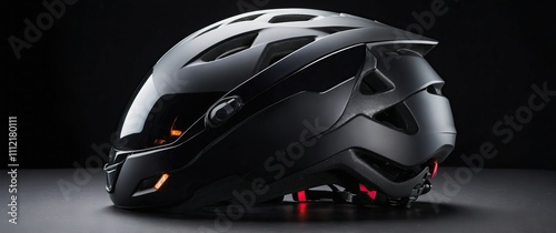 Sleek smart bike helmet with unique lighting on a black background for safety photo