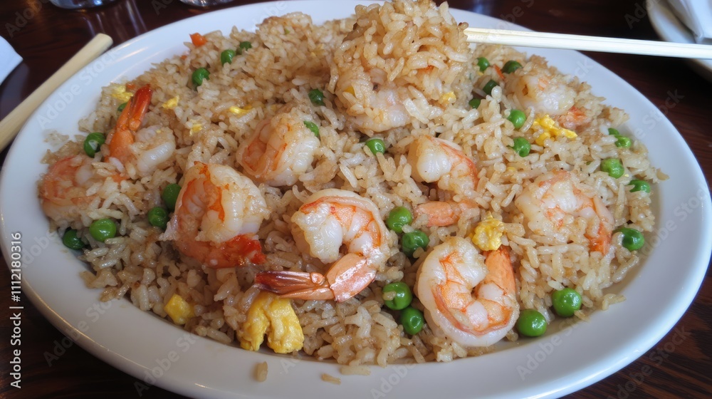Delicious Shrimp Fried Rice Served on a Plate with Vegetables Delicious Shrimp Fried Rice Served on a Plate with Vegetables