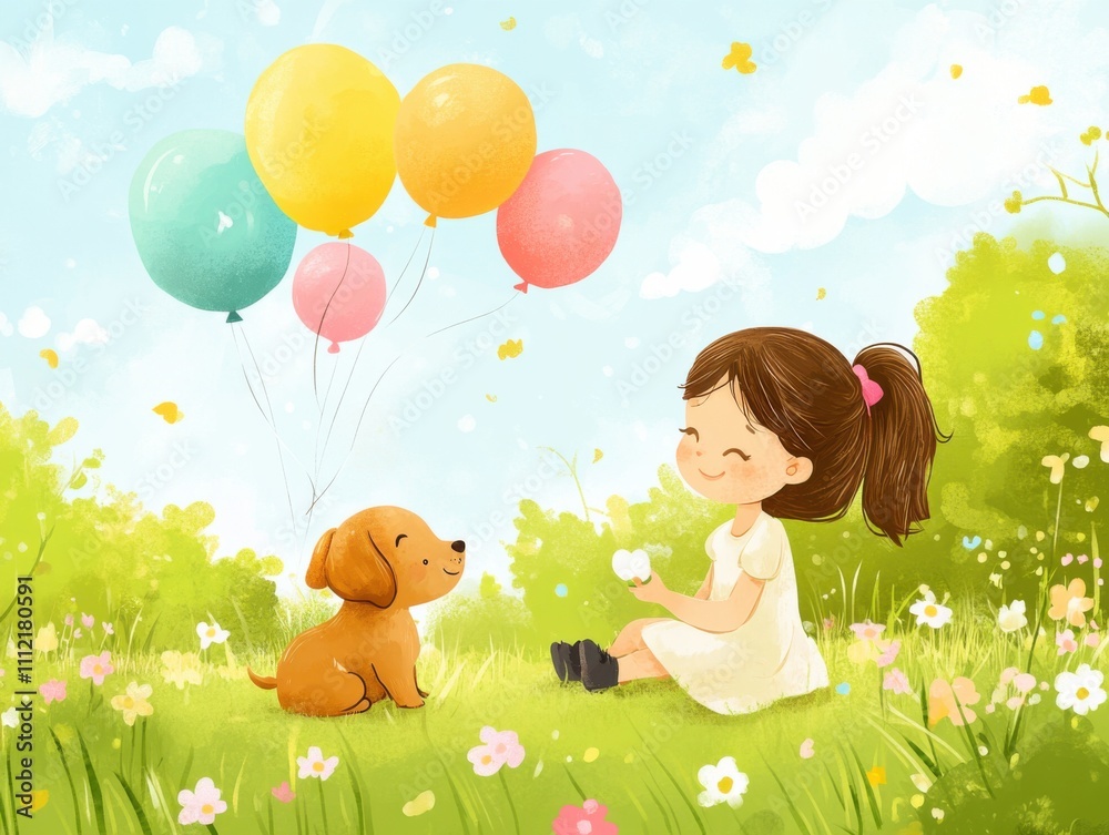 Obraz premium A girl playing with a puppy in the park, colorful balloons floating, spring flowers blooming, soft pastel colors, joyful and carefree, children's illustration style