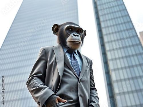 Chimpanzee in Suit, Urban Financial District Portrait AI Generated photo