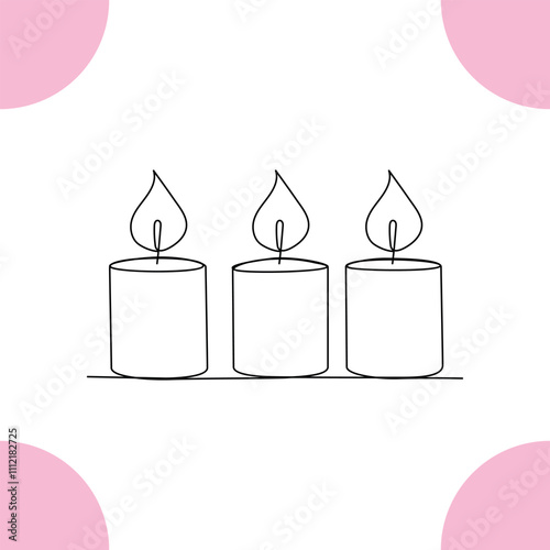 Continuous one line candle art drawing and  one line vector illustration of candle light in the dark