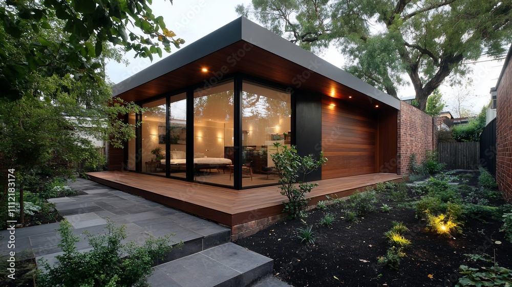 Modern house with large windows and wooden accents in a garden. Modern house with large windows and wooden accents in a garden.