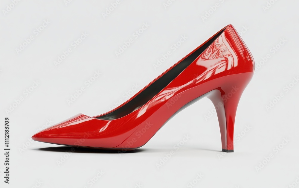 Glossy red high-heeled shoes with sleek and stylish lines, positioned on a white background, presented in a high-quality 3D rendering
