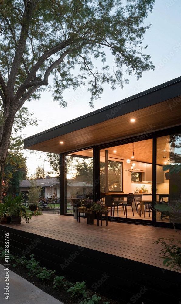 Modern house with a wooden deck and large glass windows.