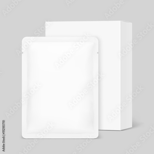 WRealistic white closed paperboard box with sachet mockups. Vector illustration isolated on grey background. Taking your 2D designs into 3D. Can be use for pharmacy, food, cosmetic and other. EPS10.