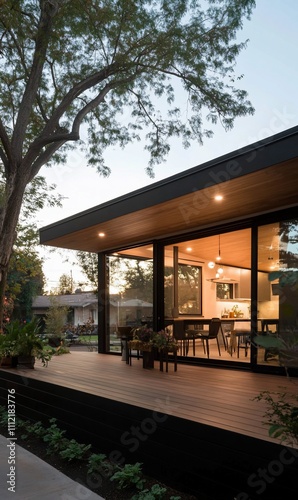 Modern house with a wooden deck and large glass windows.