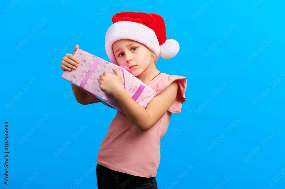 Obraz premium Smiling child in a Santa hat offers a beautifully wrapped pink gift against a bright blue background. Ideal for holiday campaigns, Christmas cards, and family-themed designs...
