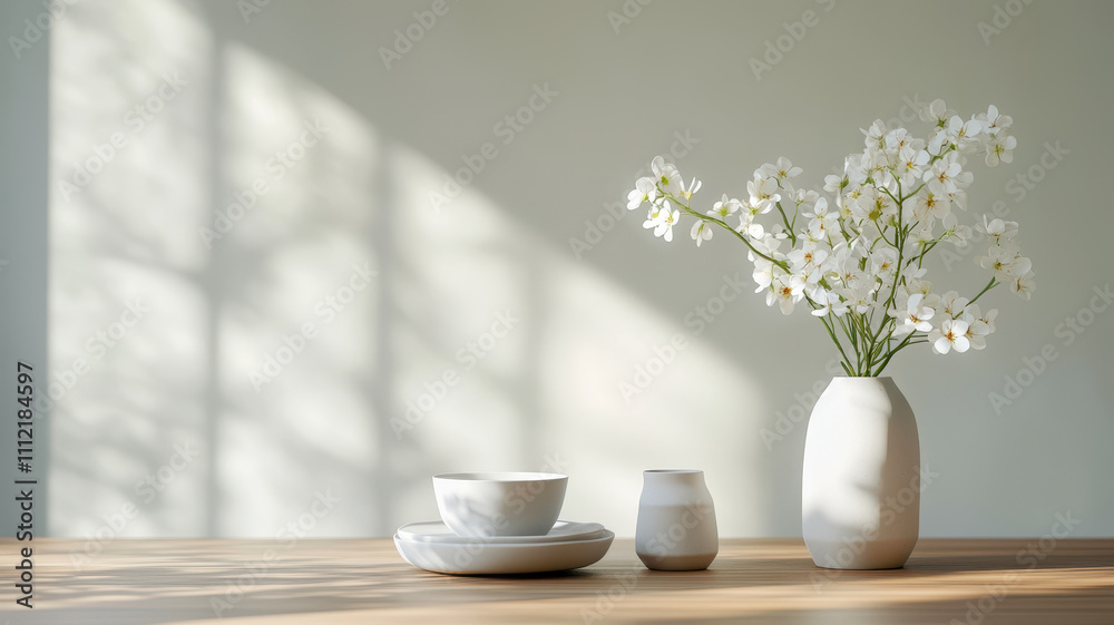 minimalist dining table setup featuring white ceramics and vase with delicate flowers, illuminated by soft sunlight, creates serene atmosphere minimalist dining table setup featuring white ceramics and vase with delicate flowers, illuminated by soft sunlight, creates serene atmosphere