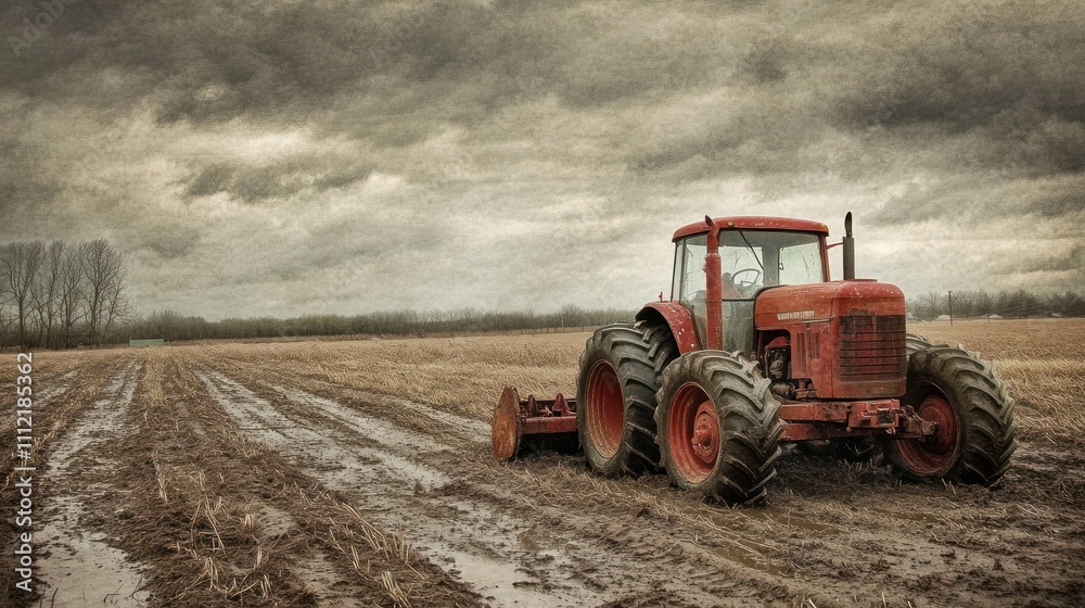Red tractor pulling a plow through a muddy field, rich soil texture, overcast sky Red tractor pulling a plow through a muddy field, rich soil texture, overcast sky