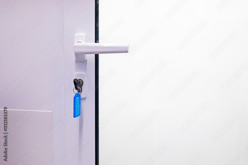 metal handle on a white closed door with a key installed. Modern interior metal handle on a white closed door with a key installed. Modern interior