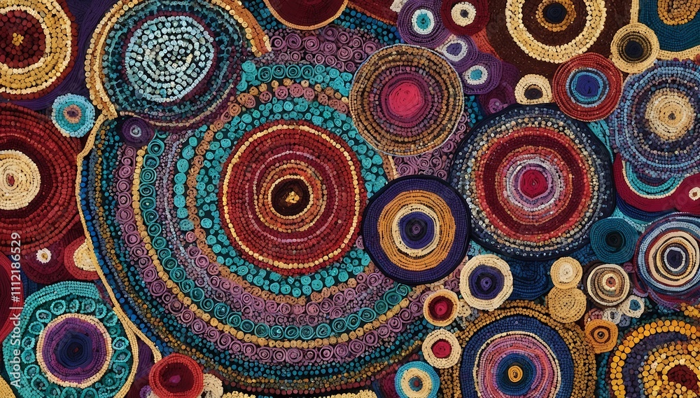 Digital art piece featuring an array of colorful circles and swirls, creating intricate patterns that resemble the textures found in Aboriginal dot painting style. Digital art piece featuring an array of colorful circles and swirls, creating intricate patterns that resemble the textures found in Aboriginal dot painting style.