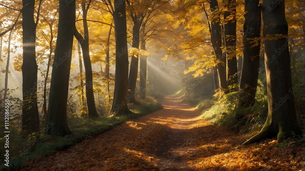 Obraz premium Peaceful Autumn Pathway Surrounded by Trees and Sunlight in Forest Setting