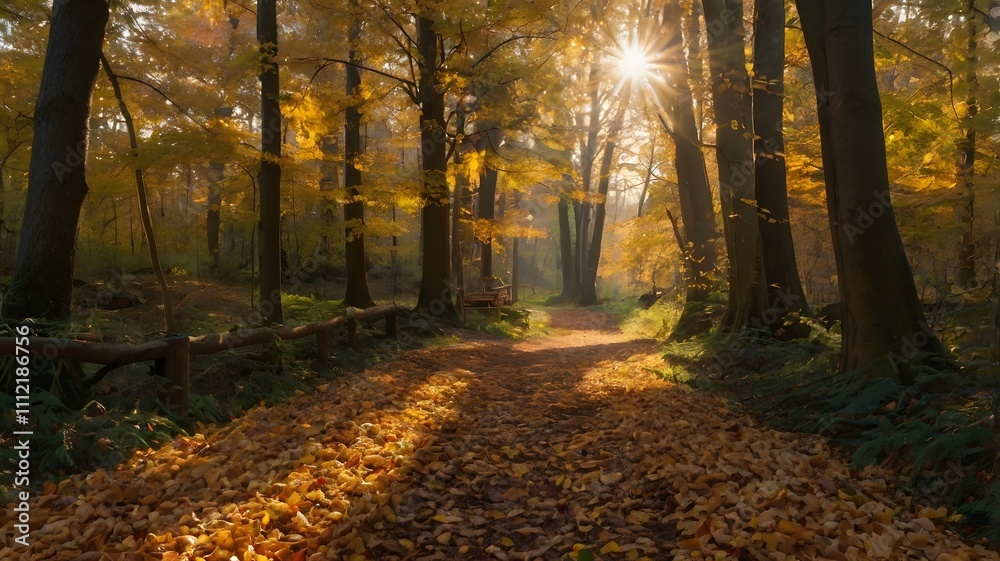 Autumn Pathway in Tranquil Forest with Sunlight and Majestic Trees Autumn Pathway in Tranquil Forest with Sunlight and Majestic Trees