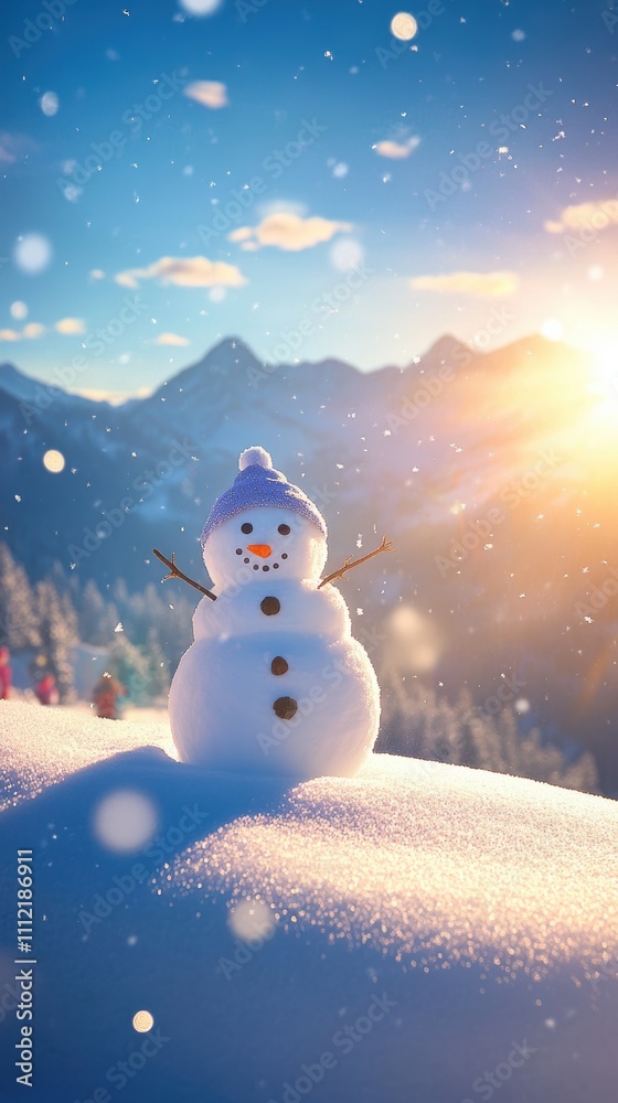 Obraz premium Sunlit winter landscape with partially built snowman and mountains