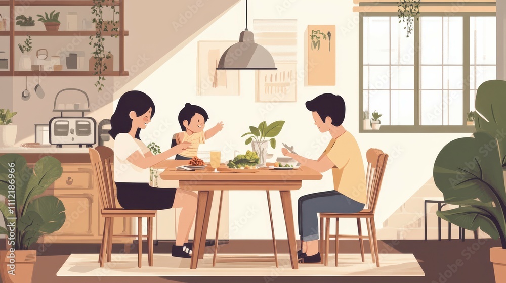 A family gathers around a wooden table in a cozy minimalist dining area for quality time together A family gathers around a wooden table in a cozy minimalist dining area for quality time together