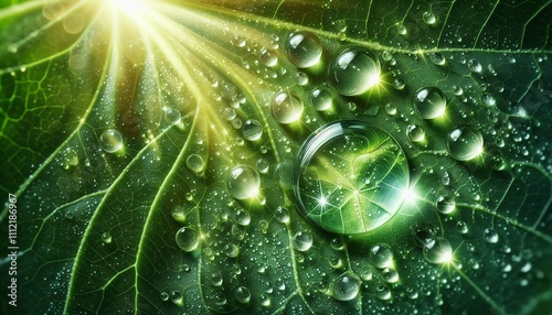 Fresh Morning Dew on a Green Leaf: Nature's Elegance
