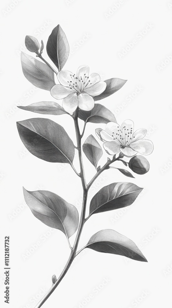 Monochrome ink wash of lemon branch with leaves and blossoms Monochrome ink wash of lemon branch with leaves and blossoms