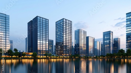Modern city skyline with glass buildings reflecting in the water at sunset.