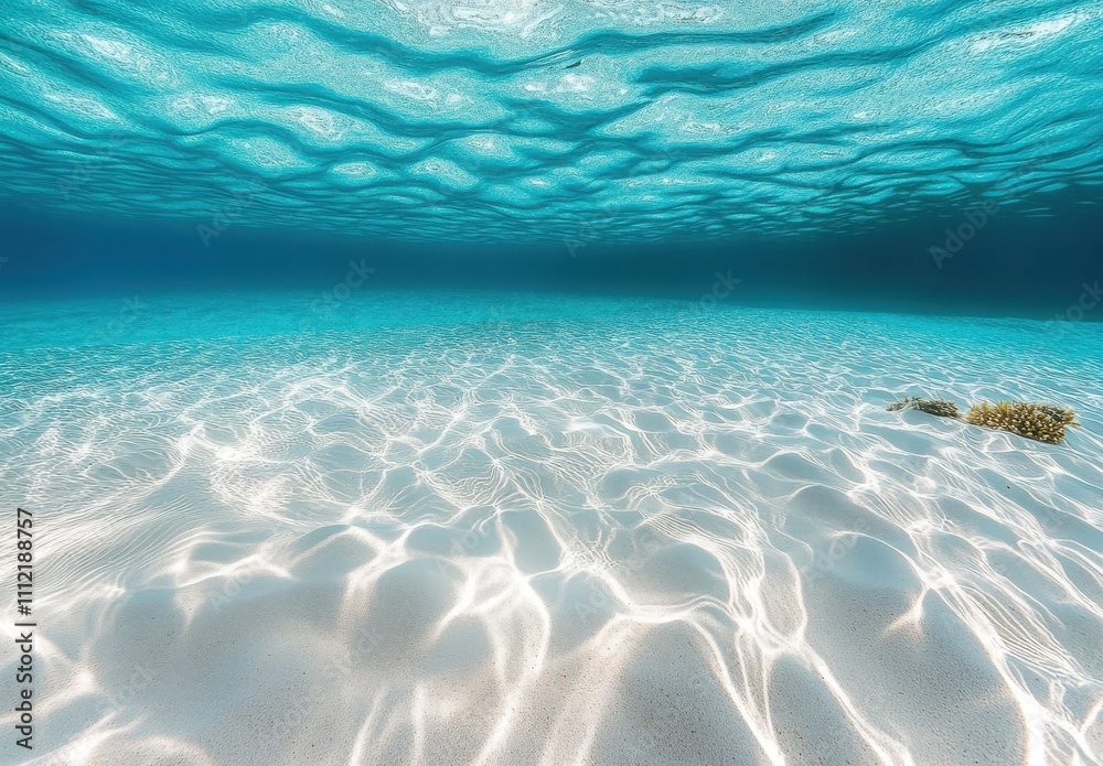 Naklejka premium Serene Underwater Scene with Crystal Clear Water, Soft Sunlight Filtering Through Waves Over Sandy Seabed, Capturing the Tranquility of Ocean Depths