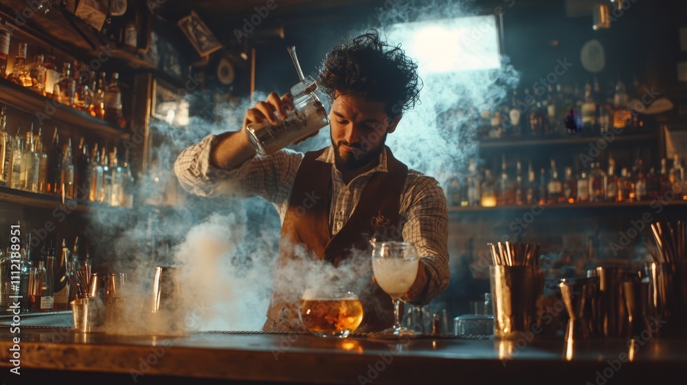 Fototapeta premium Expert Bartender Crafting a Smoky Cocktail