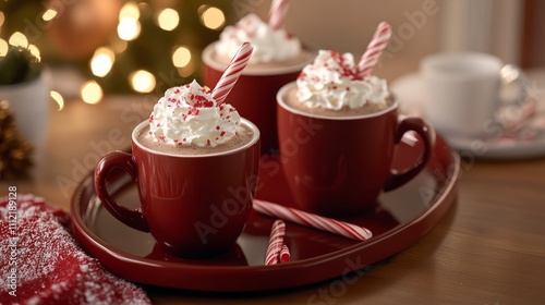 A frosted white cake with red berries and A festive tray with mugs of hot chocolate A cozy holiday table set with plates glasse