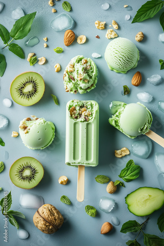 Bright and Appetizing Display of Natural Ice Cream with Fruits, Nuts, and Herbs in a Minimalist, Clean Space photo