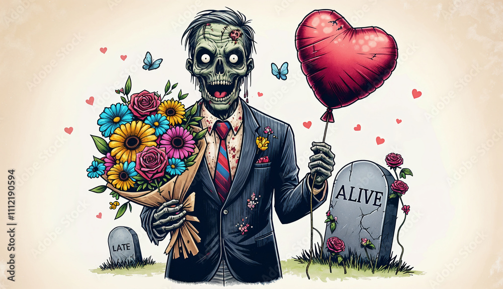 Cartoon-style zombie holding a bouquet of flowers and a red heart-shaped balloon in a quirky, humorous cemetery setting