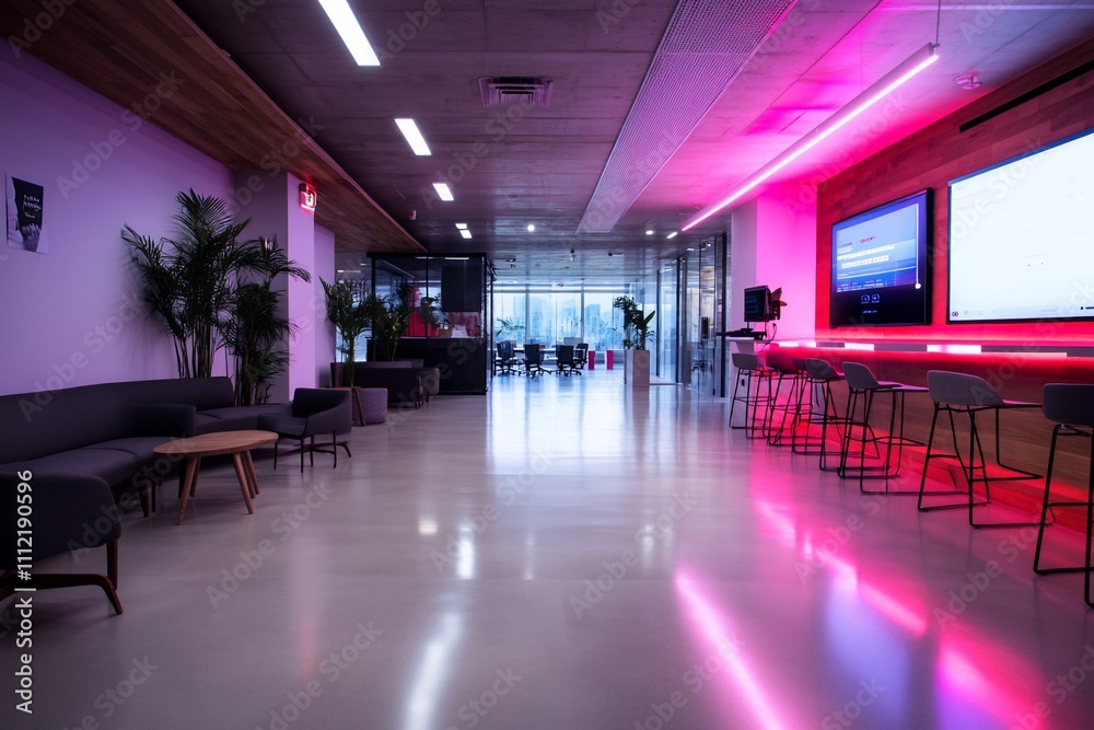 Modern office space with sleek design and vibrant lighting. Modern office space with sleek design and vibrant lighting.