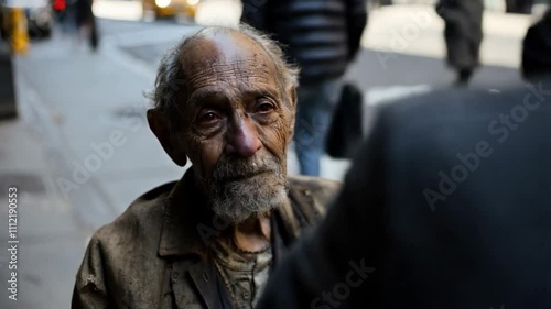 Dirty, tired old man on the street, a reflection of homelessness and hardship