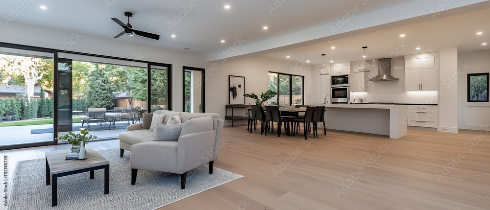 Modern open-concept living space with kitchen and dining area.