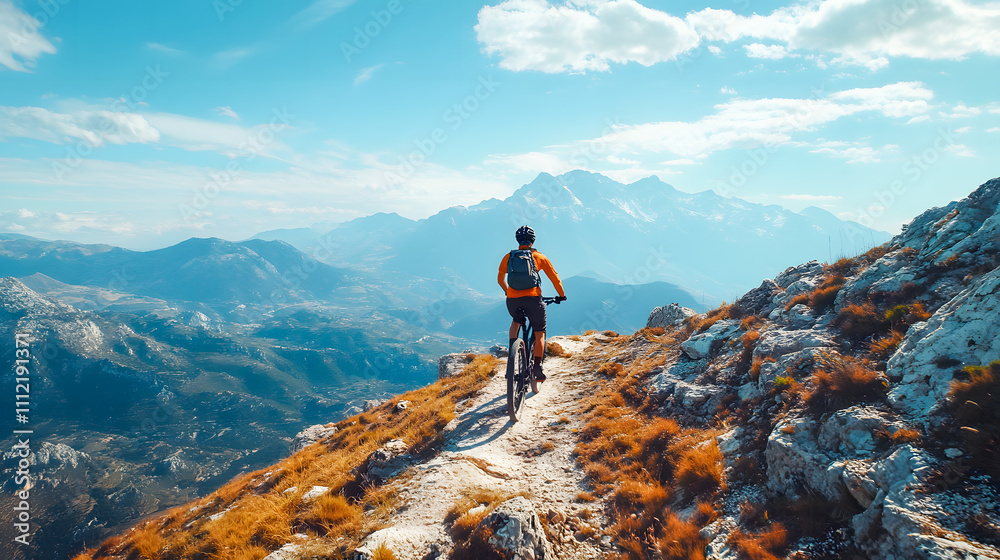Young man riding a bicycle on a mountain trail, sport Young man riding a bicycle on a mountain trail, sport