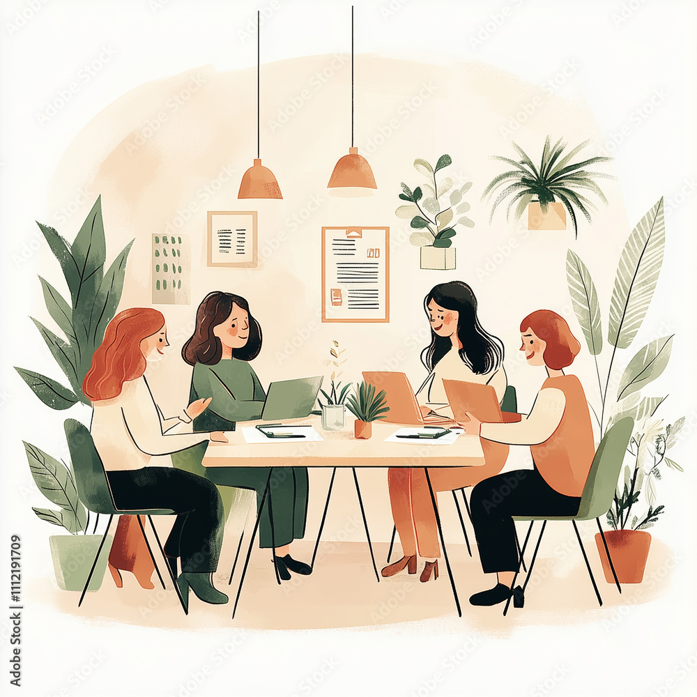 Women engaged in a collaborative workspace surrounded by plants and modern decor Women engaged in a collaborative workspace surrounded by plants and modern decor