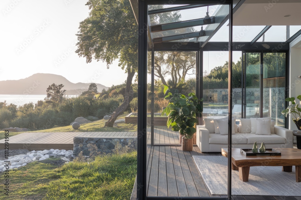 Modern veranda overlooking tranquil ocean view at sunset Modern veranda overlooking tranquil ocean view at sunset