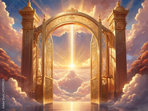 Golden gate door in the sky, adorned with intricate ornaments and glowing with golden light amidst soft clouds, creating a mystical and heavenly ambiance. generative ai
