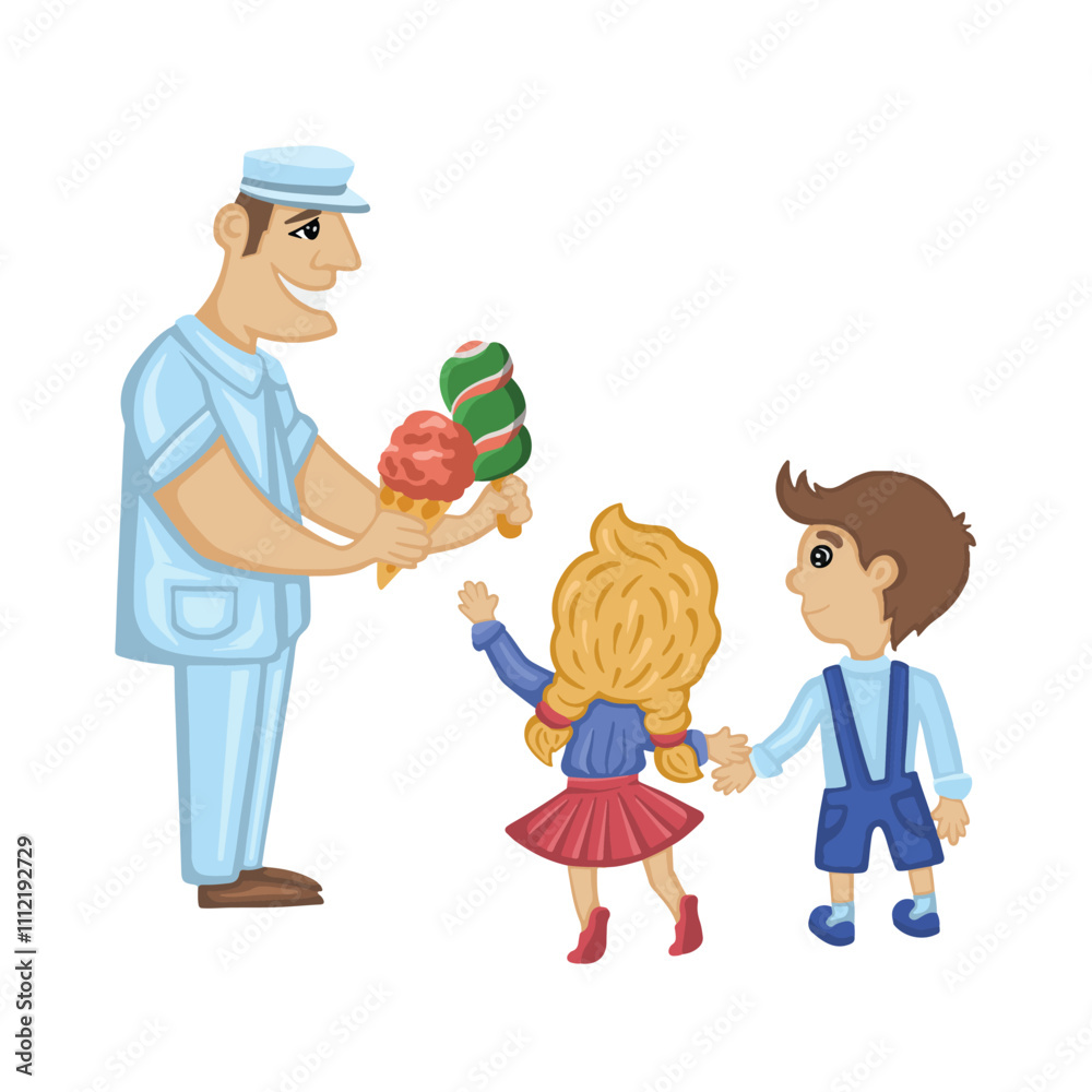 Ice cream vendor giving treats to happy children illustration Ice cream vendor giving treats to happy children illustration