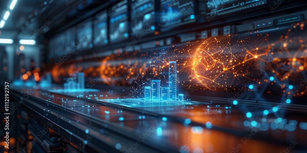 Futuristic digital interface with holographic data visualizations, graphs, and a glowing network sphere, symbolizing innovation in analytics Futuristic digital interface with holographic data visualizations, graphs, and a glowing network sphere, symbolizing innovation in analytics
