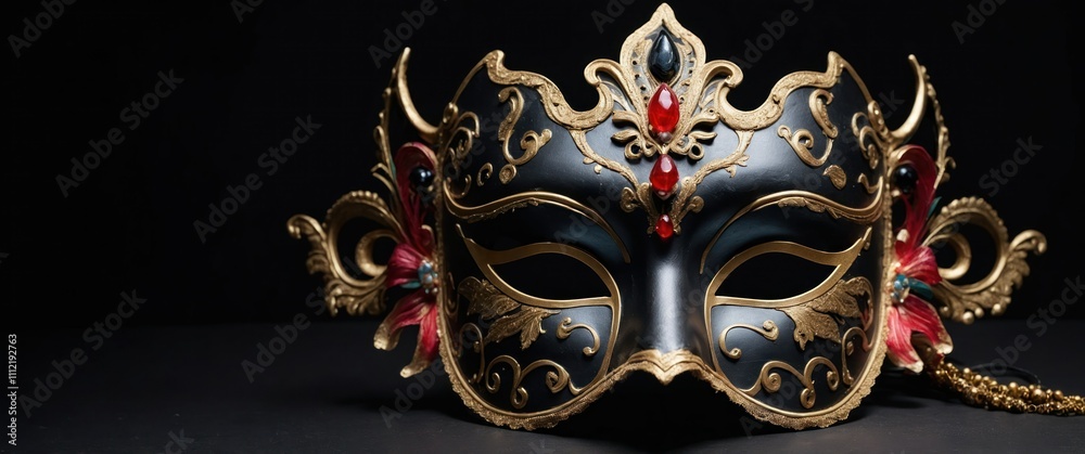 Naklejka premium An elegant decorative mask showcasing ornate designs against a black background