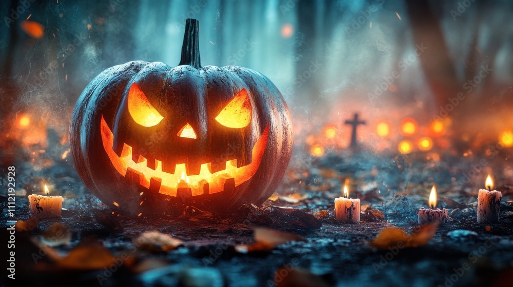 Naklejka premium Spooky Halloween Scene with Glowing Pumpkin Lantern, Eerie Forest Atmosphere, Candlelight and Misty Background for Festive Celebrations and Seasonal Events