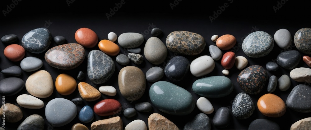 A decorative arrangement of smooth pebbles on a reflective black background A decorative arrangement of smooth pebbles on a reflective black background