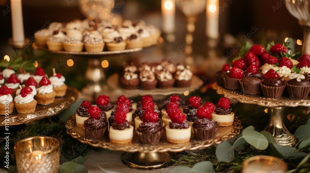 Naklejka premium A large chocolate cake topped with festive A holiday dessert spread with mini cheesece A holiday buffet table filled with appetize