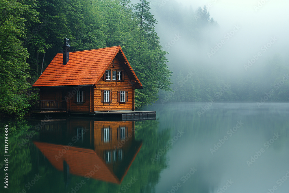 Fototapeta premium Wooden Cabin Lake House Misty Forest Setting