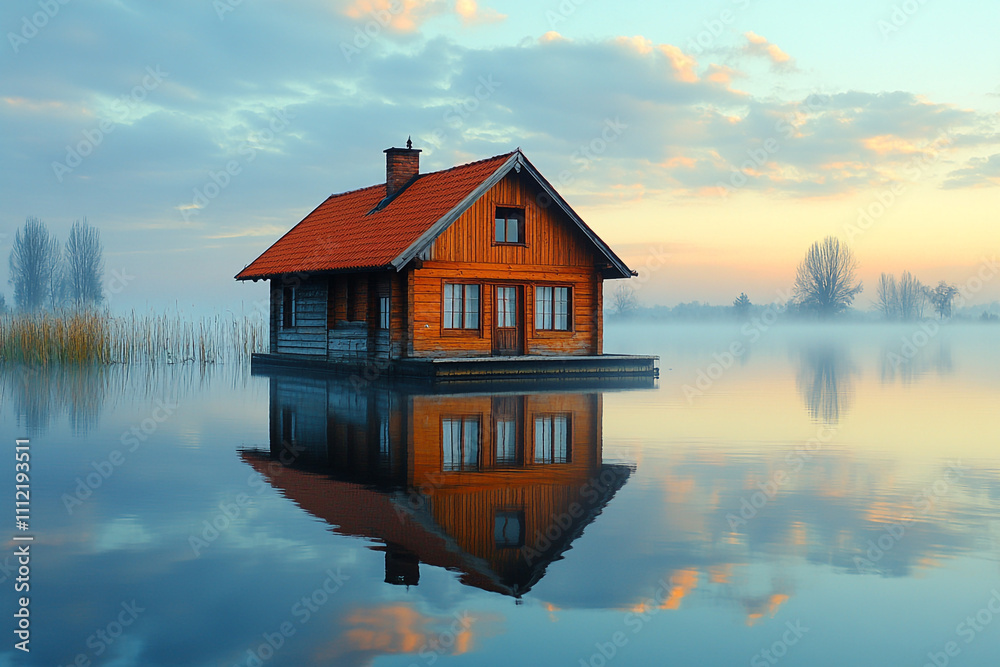 Fototapeta premium Wooden Lake House Reflecting Sunset Sky