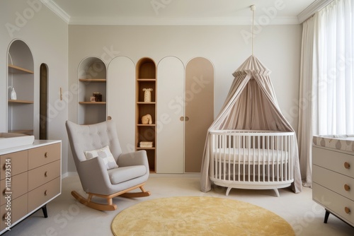 Modern baby room interior with rocking chair and canopy crib