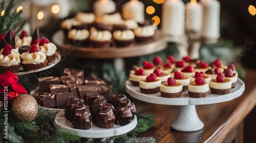 A large chocolate cake topped with festive  A holiday dessert spread with mini cheesece A holiday buffet table filled with appetize