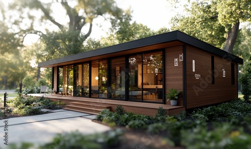 Modern wooden house surrounded by greenery and natural light.