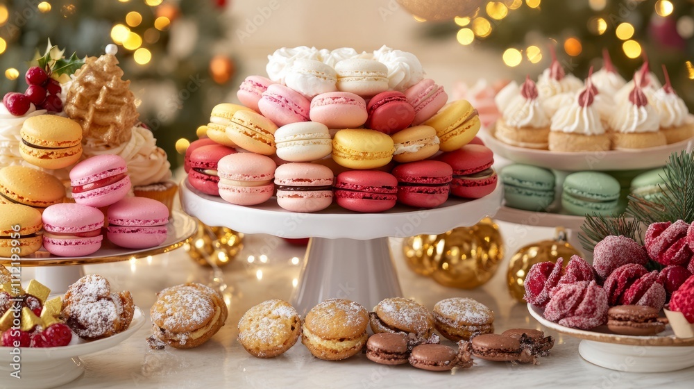 A large chocolate cake topped with festive A holiday dessert spread with mini cheesece A holiday buffet table filled with appetize A large chocolate cake topped with festive A holiday dessert spread with mini cheesece A holiday buffet table filled with appetize