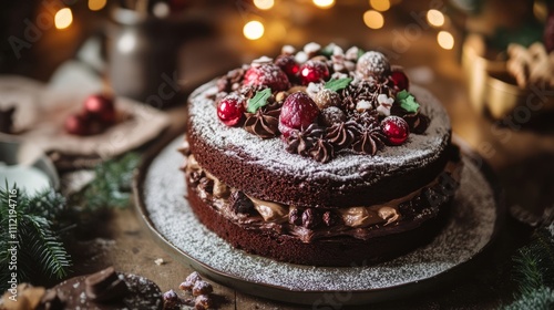 A large chocolate cake topped with festive  A holiday dessert spread with mini cheesece A holiday buffet table filled with appetize