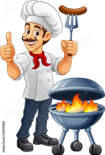 A chef cartoon barbecue cook out brazier cook man. Giving a thumbs up and holding a hotdog or grilled sausage on a BBQ fork mascot character illustration.
