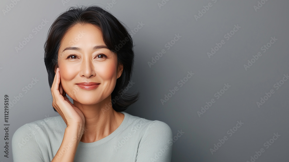 smiling woman with short black hair, wearing light sweater, poses gracefully against gray background, exuding confidence and warmth.